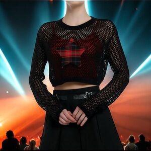 Social Collusion XL black plaid star fishnet sweater